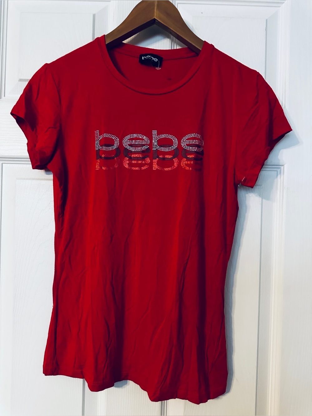 bebe Red Rhinestone Logo Tee Shirt*3 peat*Women’s size medium*Soft fabric*